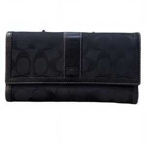 Coach Black Jacquard Signature C Logo Trifold Wallet Organizer Large Designer